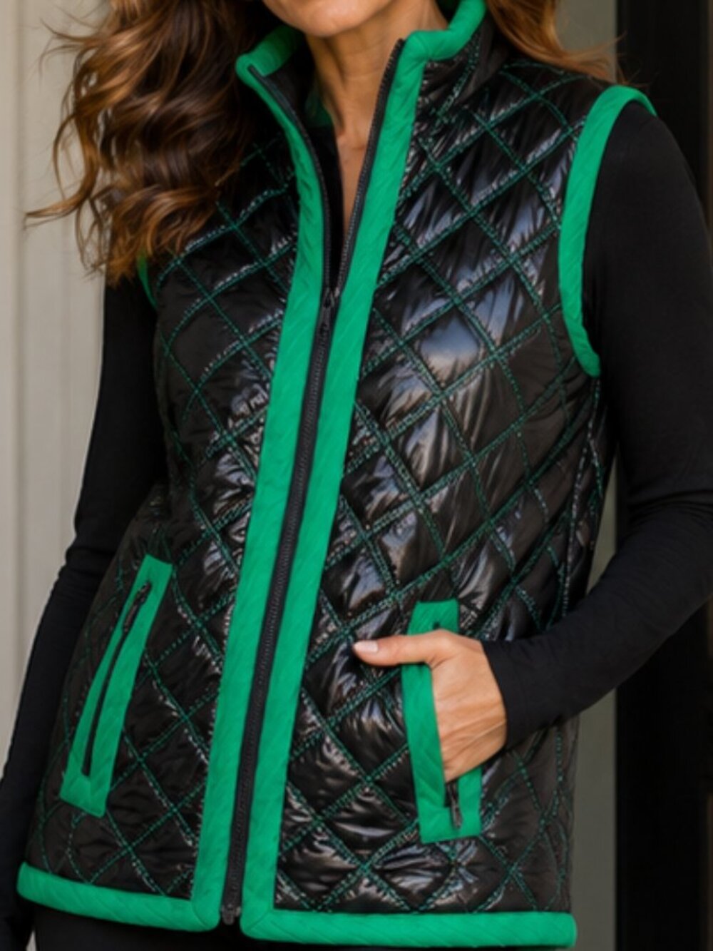 Milly of New York diamond-quilted women Vest with green textured piping - Size 8